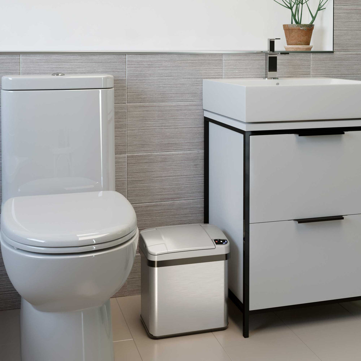 iTouchless Touchless Sensor Kitchen Trash Can and Bathroom Trash Can Combo Pack in bathroom