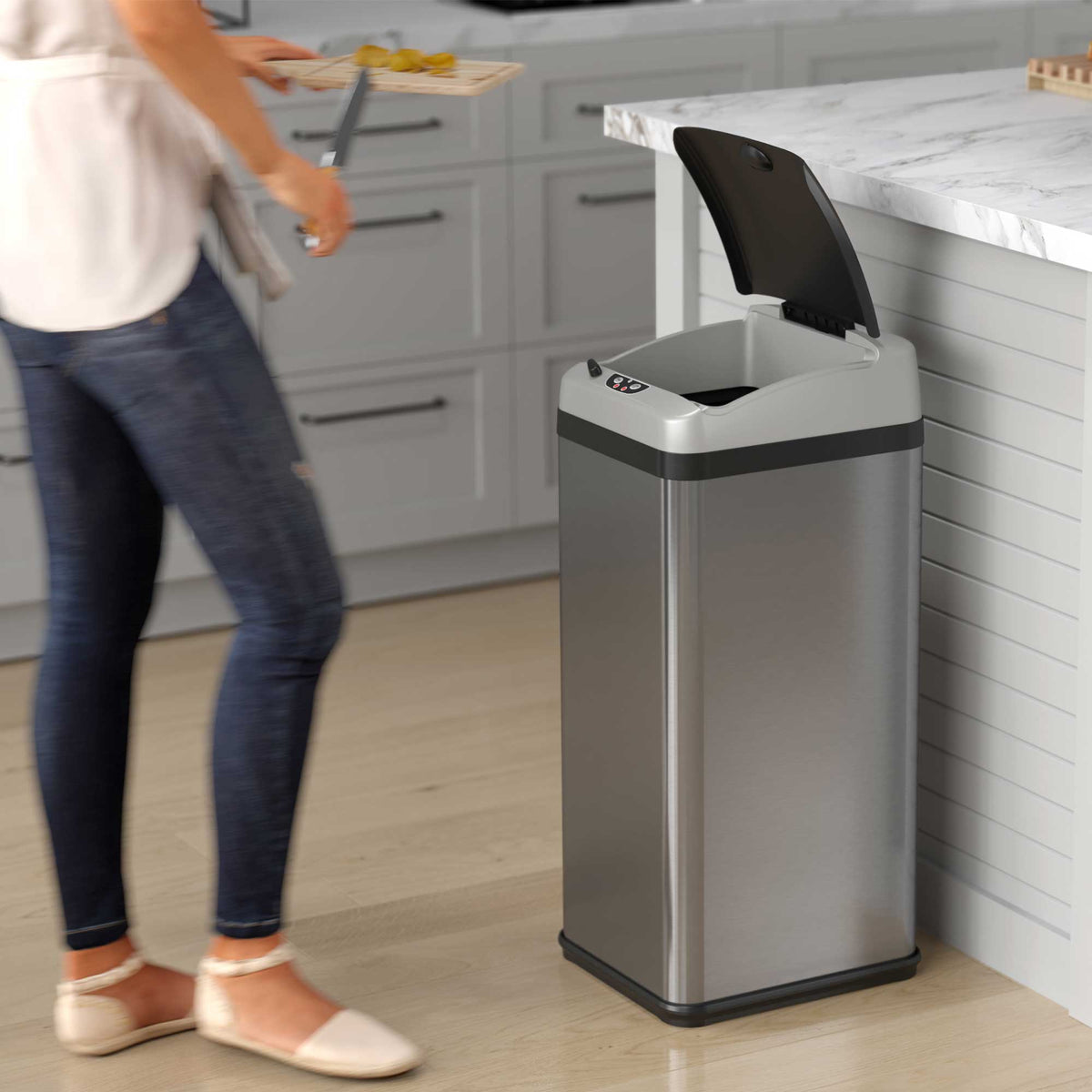 iTouchless 13 Gallon and 2.5 Gallon Kitchen and Bathroom Platinum Edition Sensor Trash Cans Combo Pack in kitchen