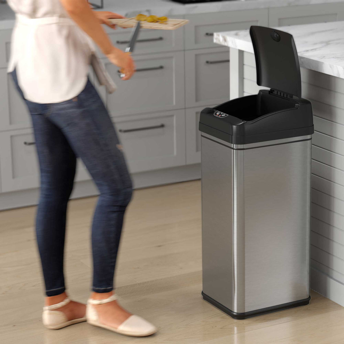 iTouchless DZT13P Touchless Sensor Trash Can with Odor Filter in kitchen