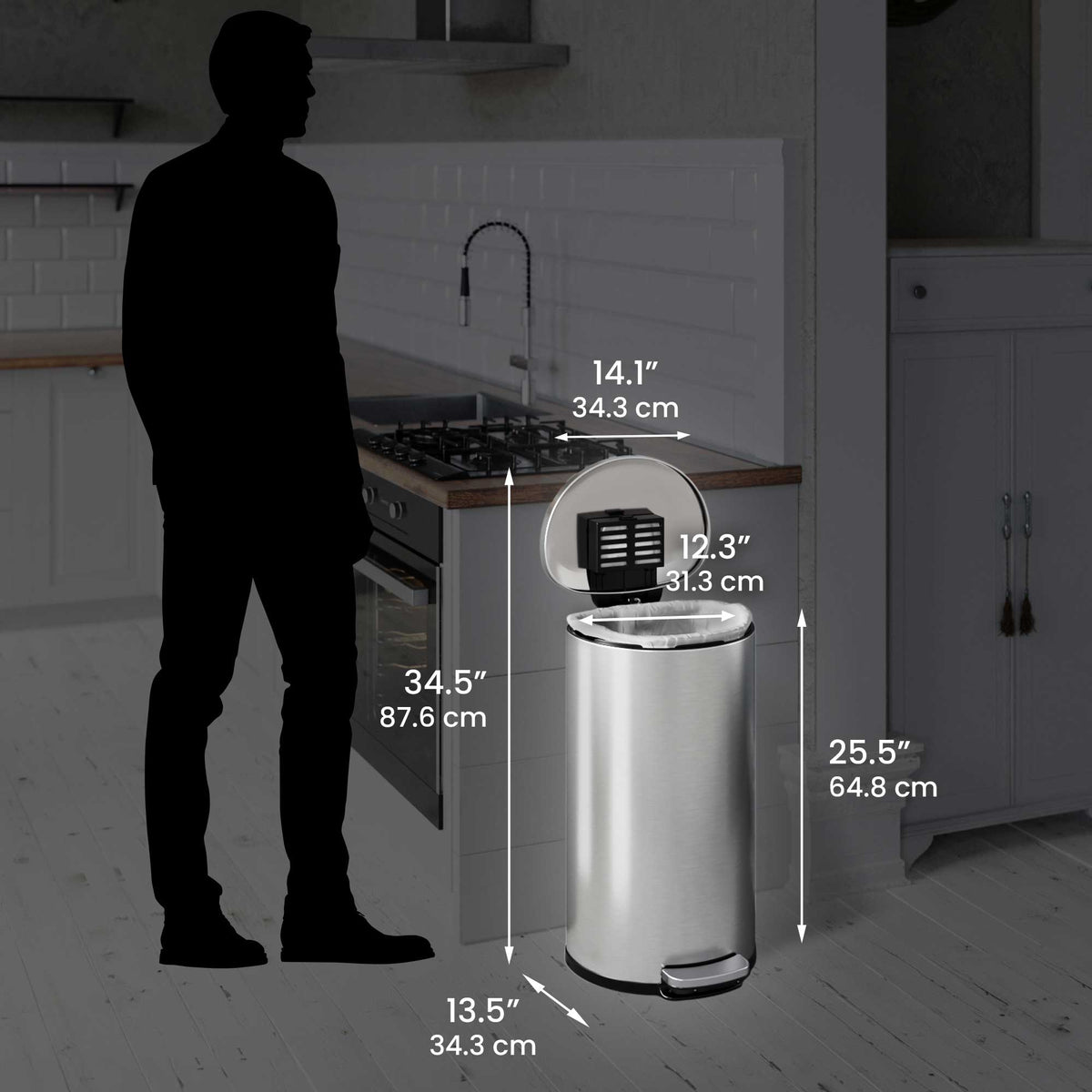 8 Gallon / 30 Liter SoftStep Semi-Round Step Pedal Trash Can dimensions