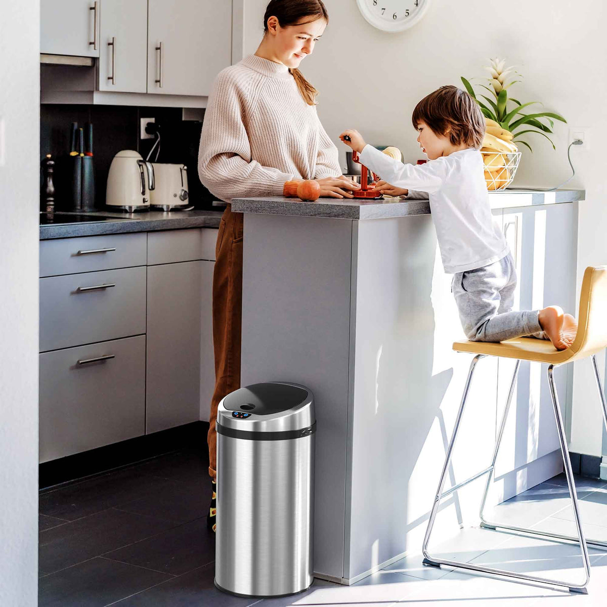 iTouchless 8 Gallon Stainless Steel Sensor Trash Can with Odor Filter in kitchen