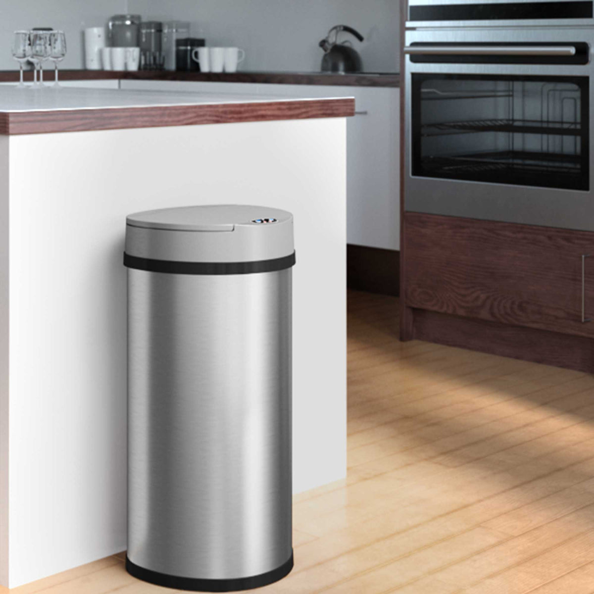 13 Gallon Semi-Round Stainless Steel Sensor Trash Can with Odor Filter in kitchen