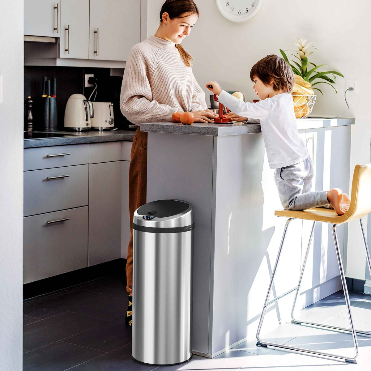 iTouchless 13 Gallon Stainless Steel Sensor Trash Can with Odor Filter in kitchen