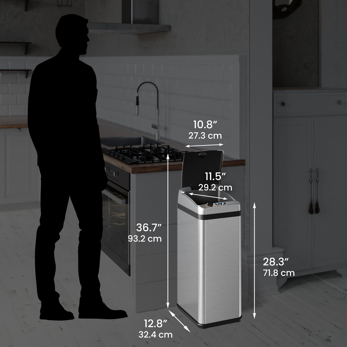 IT13RX-iTouchless Stainless Steel Sensor Kitchen Trash Can dimensions