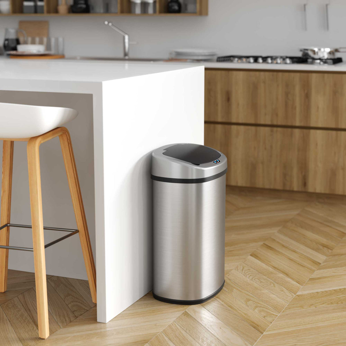 iTouchless 13 Gallon Oval Sensor Trash Can with Odor Filter in kitchen