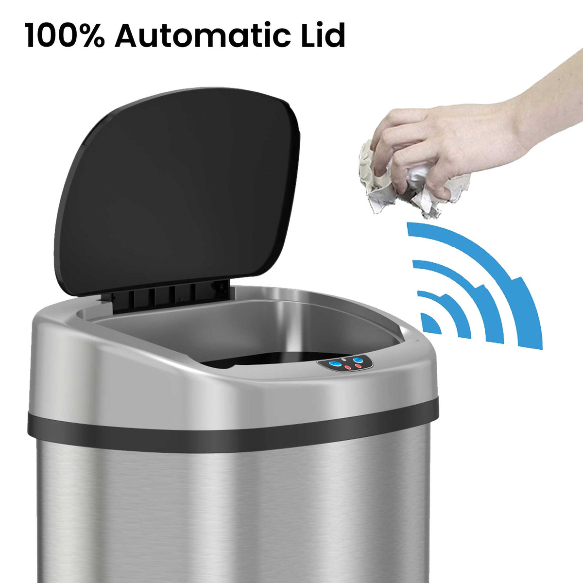 iTouchless 13 Gallon Stainless Steel Rolling Sensor Trash Can with Wheels and Odor Filter 100% Automatic Lid