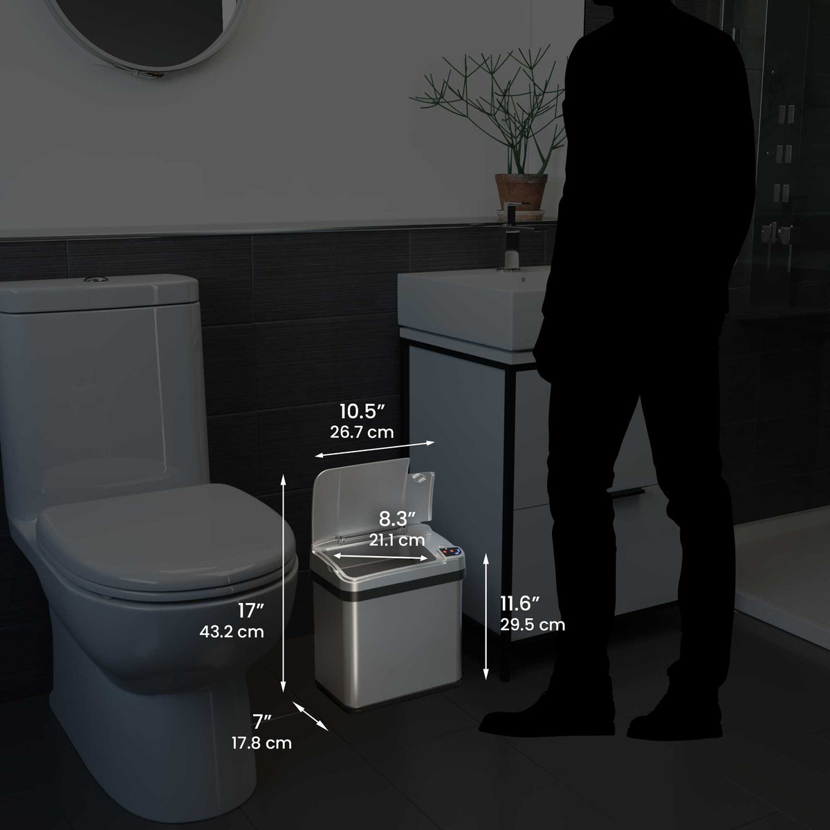 iTouchless 2.5 Gallon / 9.5 Liter Stainless Steel Sensor Bathroom Trash Can with Odor Filter and Lemon Fragrance dimensions