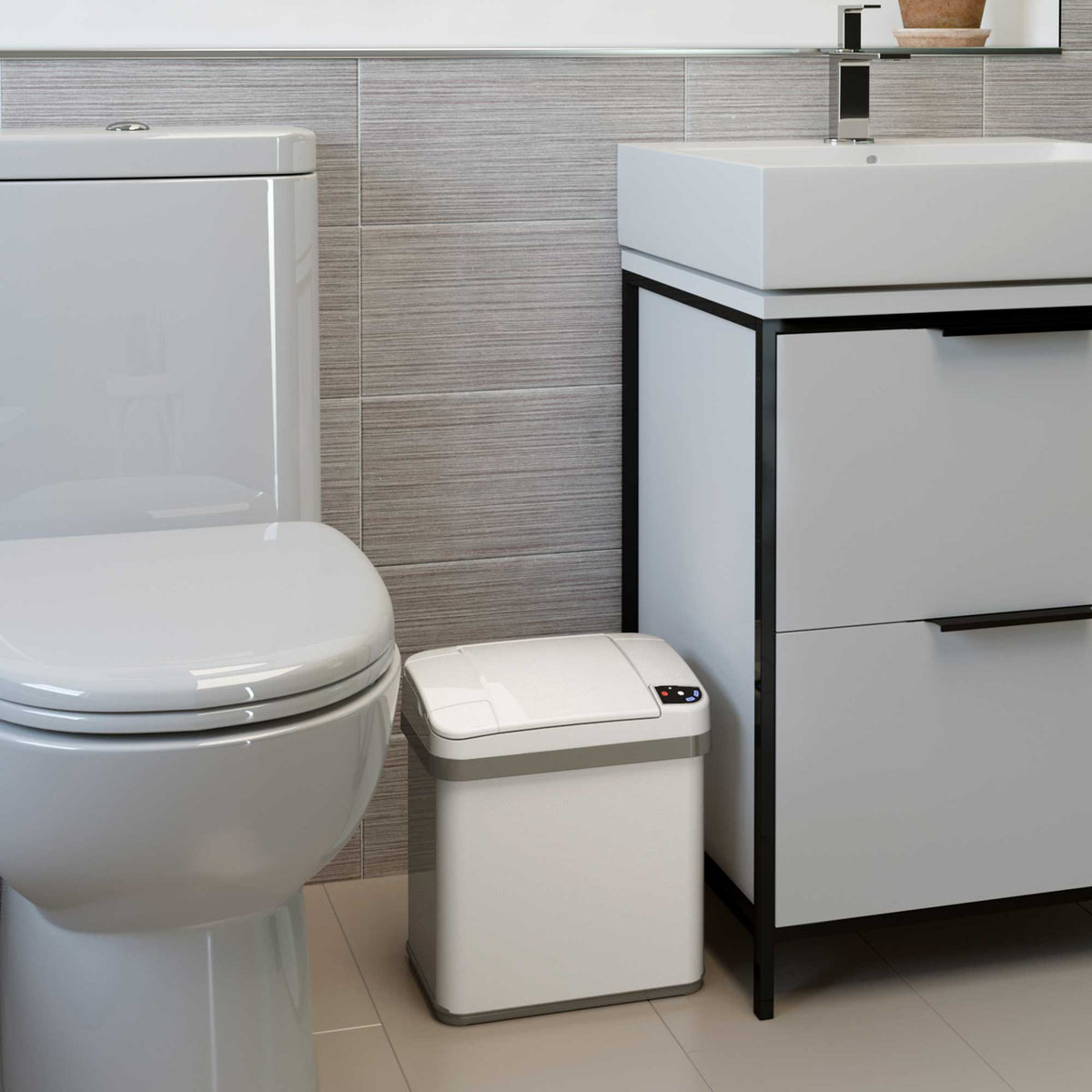 2.5 Gallon / 9.5 Liter White Sensor Bathroom Trash Can with Odor Filter and Lemon Fragrance in bathroom