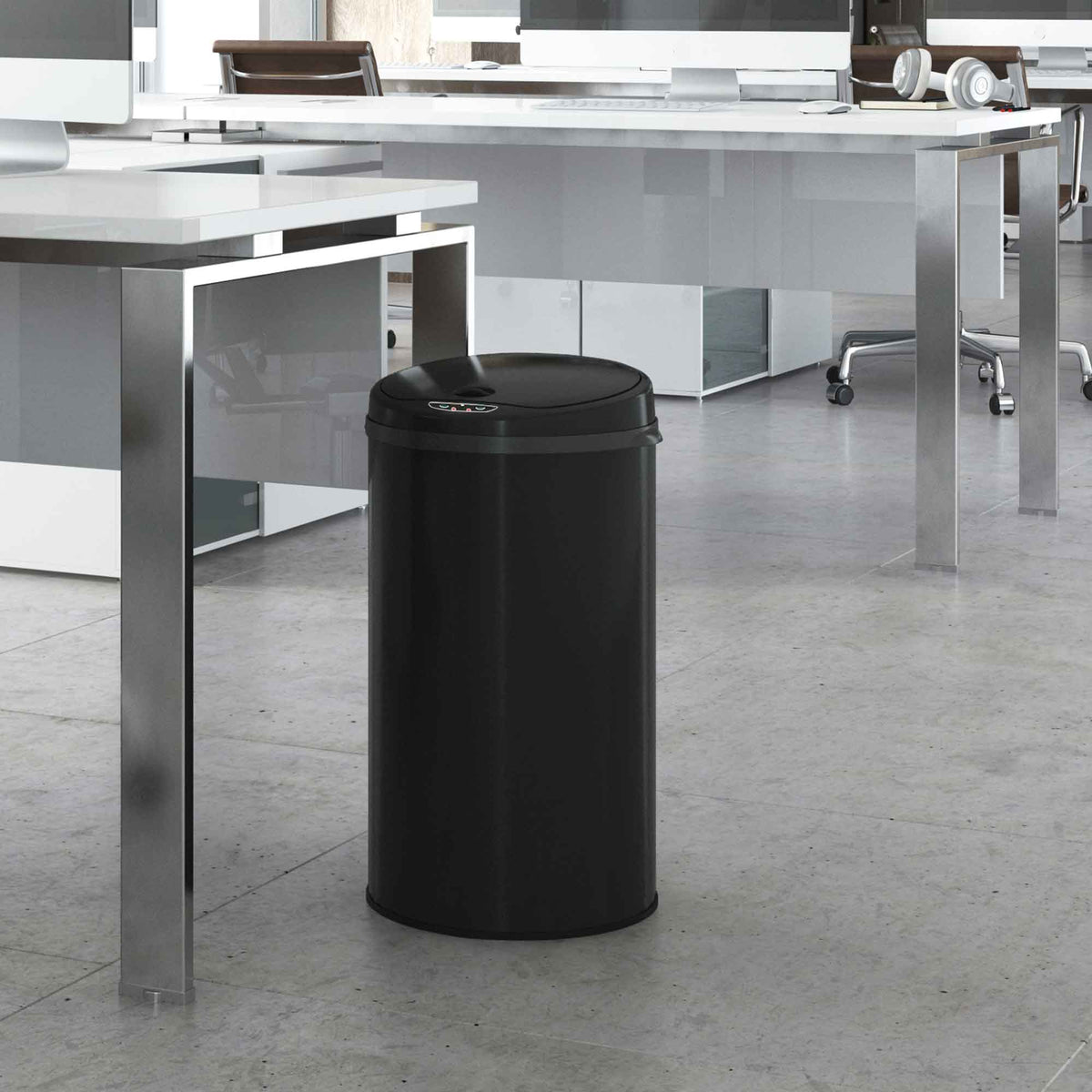 iTouchless 8 Gallon Black Stainless Steel Sensor Trash Can with Odor Filter in office