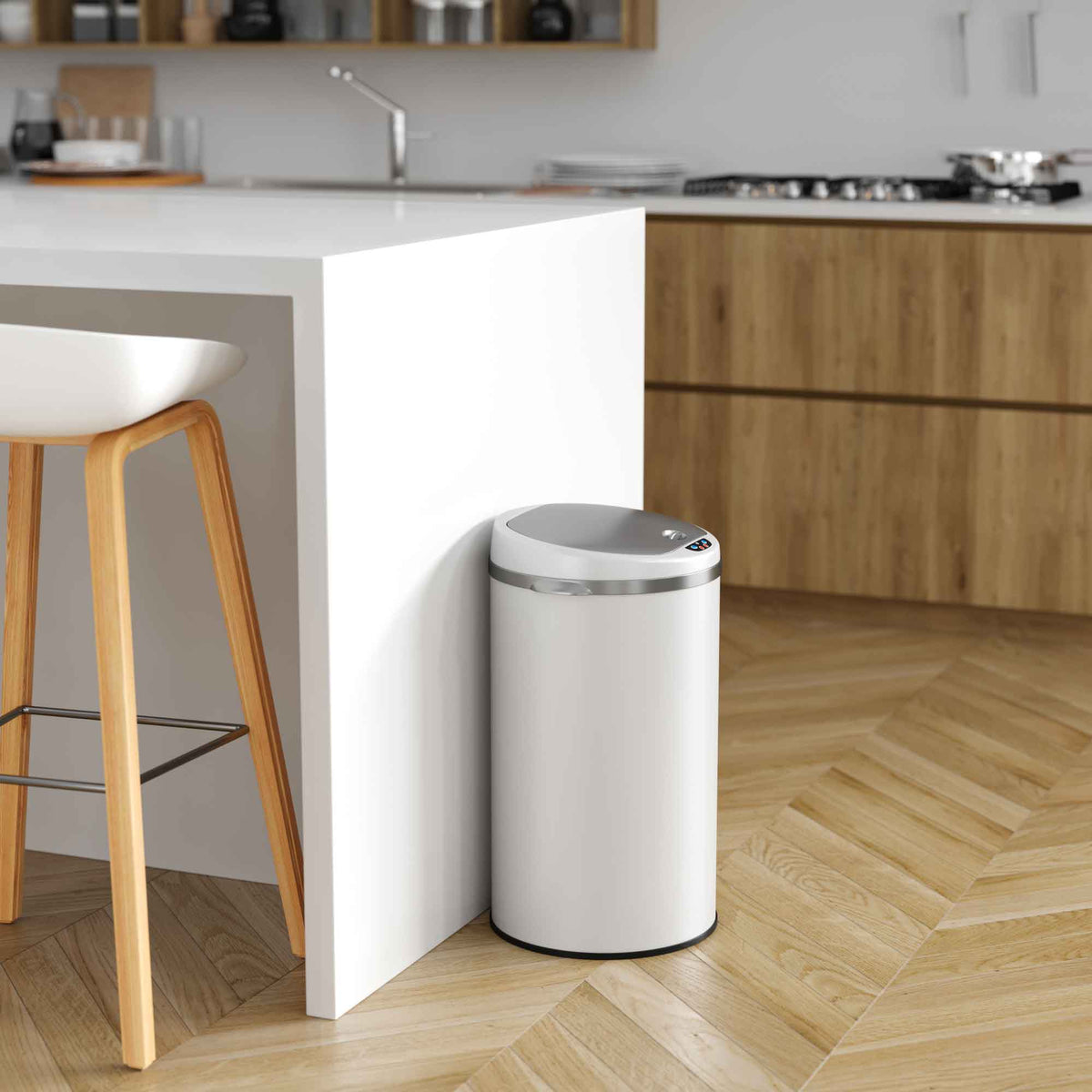 iTouchless 8 Gallon White Stainless Steel Sensor Trash Can with Odor Filter in kitchen
