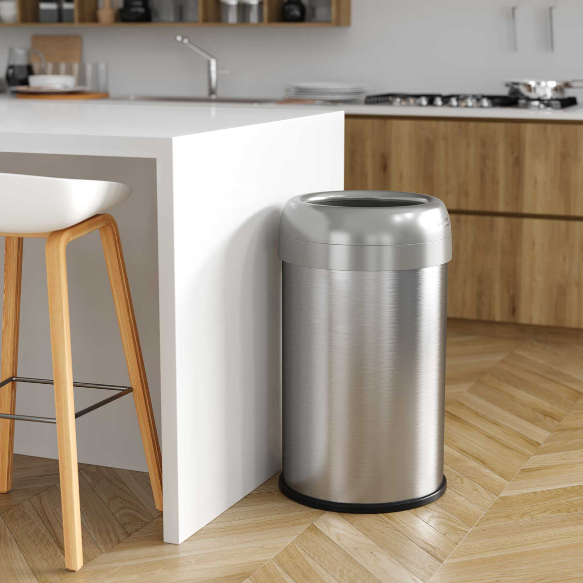 13 Gallon Round Open Top Trash Can with Wheels in kitchen