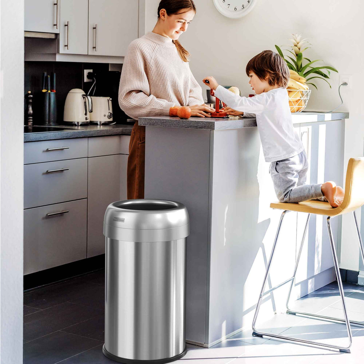 13 Gallon Round Open Top Trash Can in kitchen