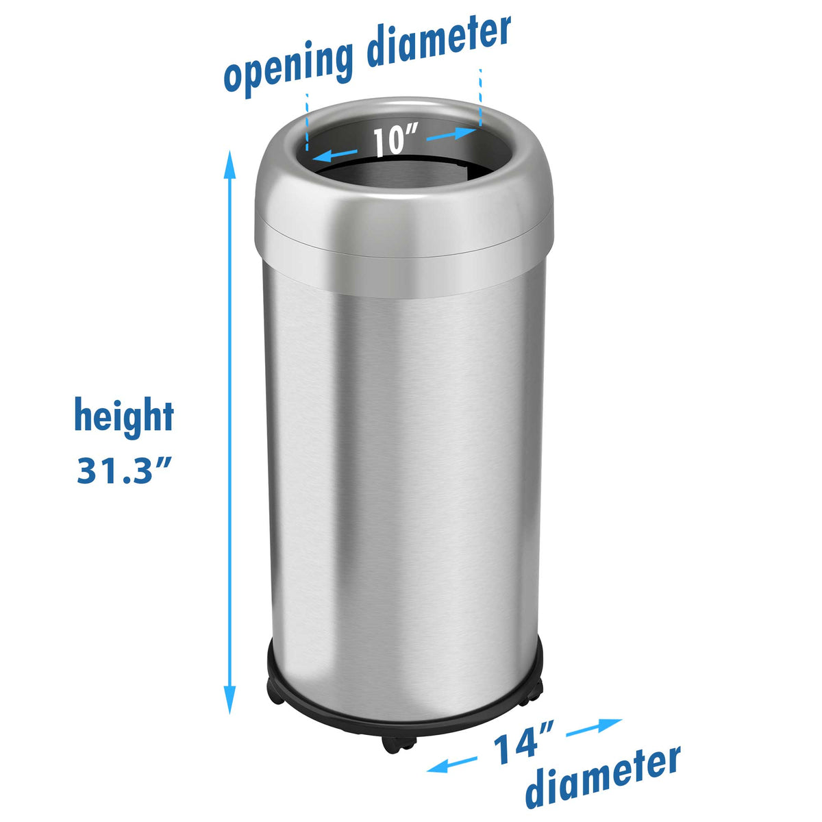 16 Gallon / 60 Liter Round Open Top Trash Can with Wheels dimensions