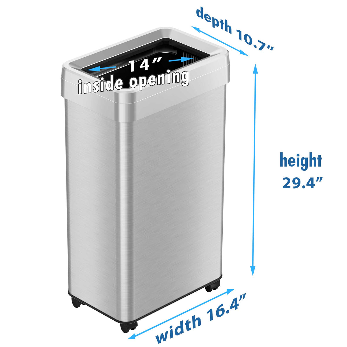 18 Gallon / 68 Liter Rectangular Open Top Trash Can with Wheels dimensions