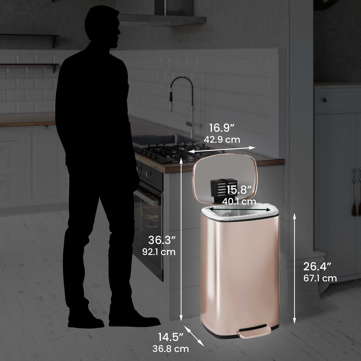 13.2 Gallon / 50 Liter SoftStep Rose Gold Step Pedal Trash Can dimensions