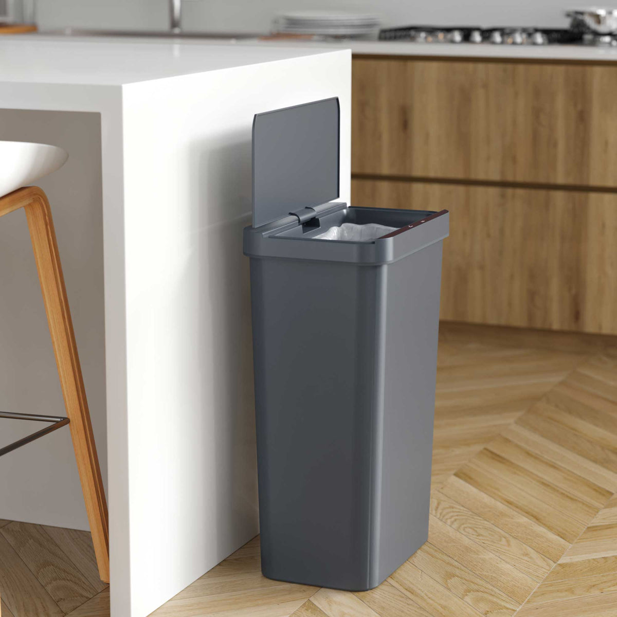 13.2 Gallon / 50 Liter Prime Plastic Sensor Trash Can (Gray) in kitchen