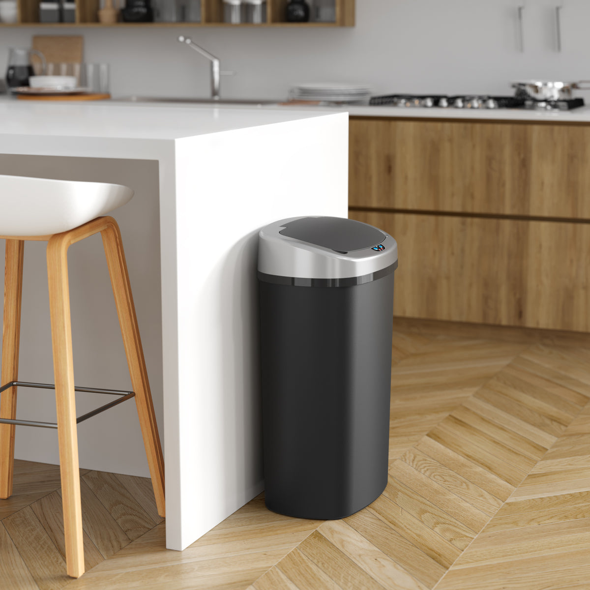 13 Gallon Oval Plastic Sensor Trash Can with AbsorbX Odor Filter in kitchen