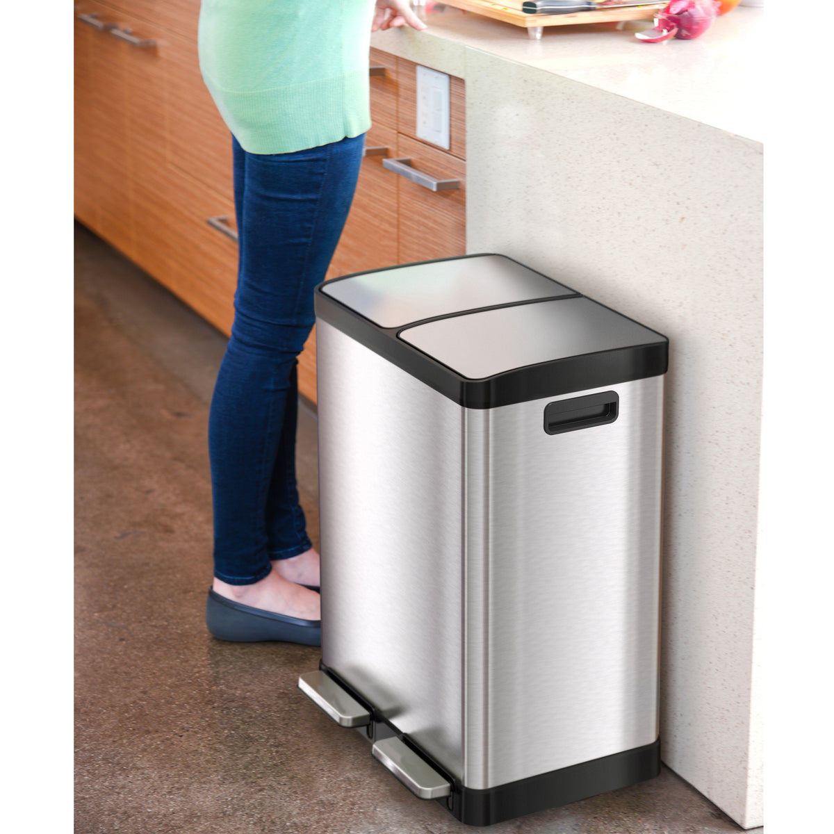 16 Gallon / 60 Liter SoftStep Dual Compartment Trash Can and Recycle Bin in kitchen