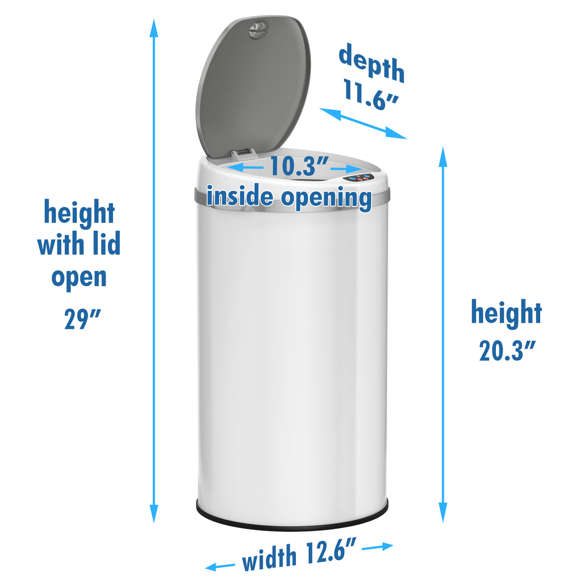 iTouchless 8 Gallon White Stainless Steel Sensor Trash Can with Odor Filter dimensions