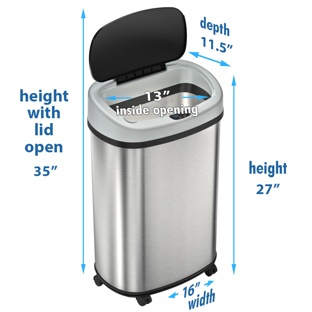 iTouchless 13 Gallon Stainless Steel Rolling Sensor Trash Can with Wheels and Odor Filter dimensions