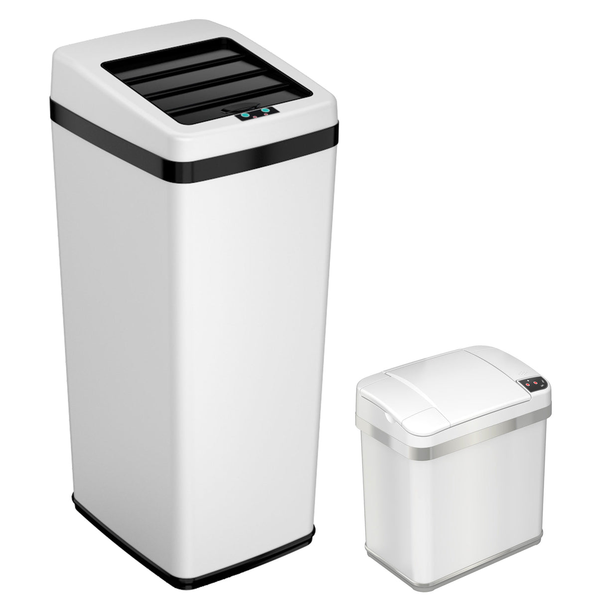 14 Gallon Sliding Lid Sensor Kitchen Trash Can and 2.5 Gallon Sensor Bathroom White Stainless Steel Combo Pack