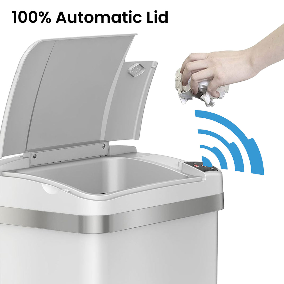 14 Gallon Sliding Lid Sensor Kitchen Trash Can and 2.5 Gallon Sensor Bathroom White Stainless Steel Combo Pack 100 percent automatic lid