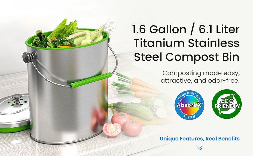 1.6 Gallon / 6.1 Liter Titanium Stainless Steel Compost Bin