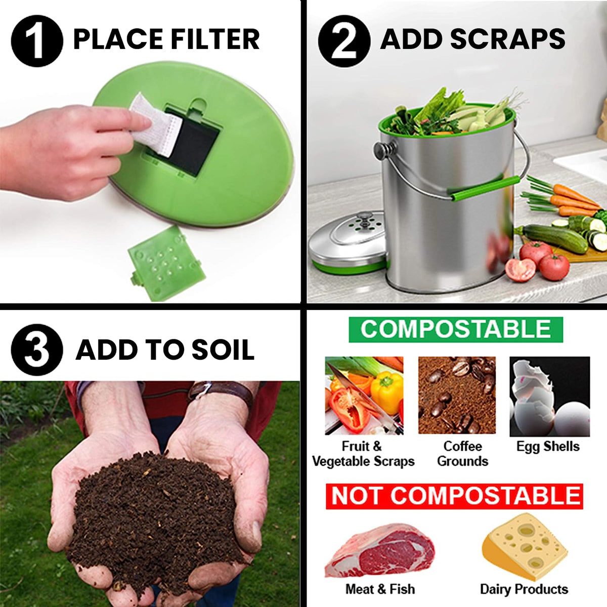 iTouchless 1.6 Gallon / 6.1 Liter Titanium Stainless Steel Compost Bin with Odor Filter steps to compost