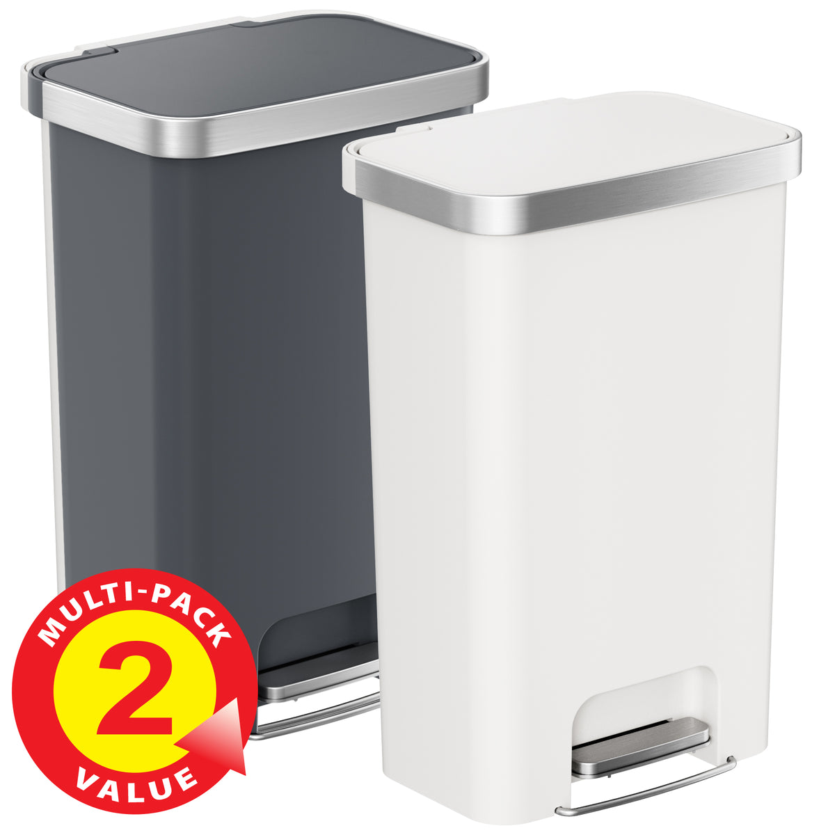 13.2 Gallon / 50 Liter SoftStep Prime Step Pedal Trash Can (Gray and White) - 2-PACK