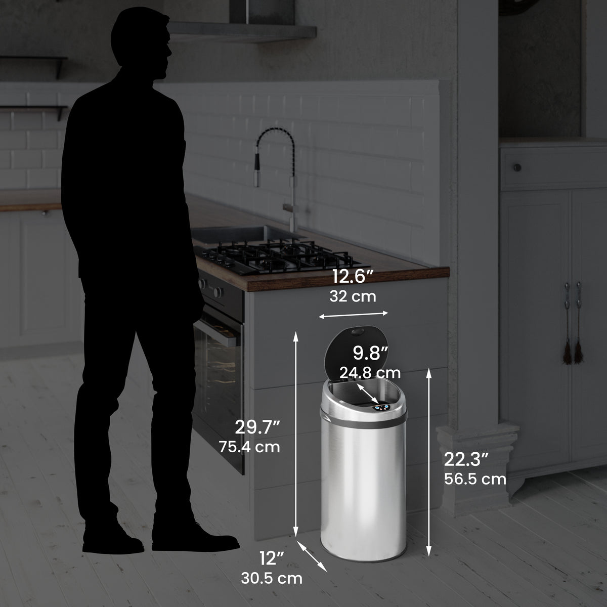 iTouchless 8 Gallon Stainless Steel Sensor Trash Can with Odor Filter dimensions