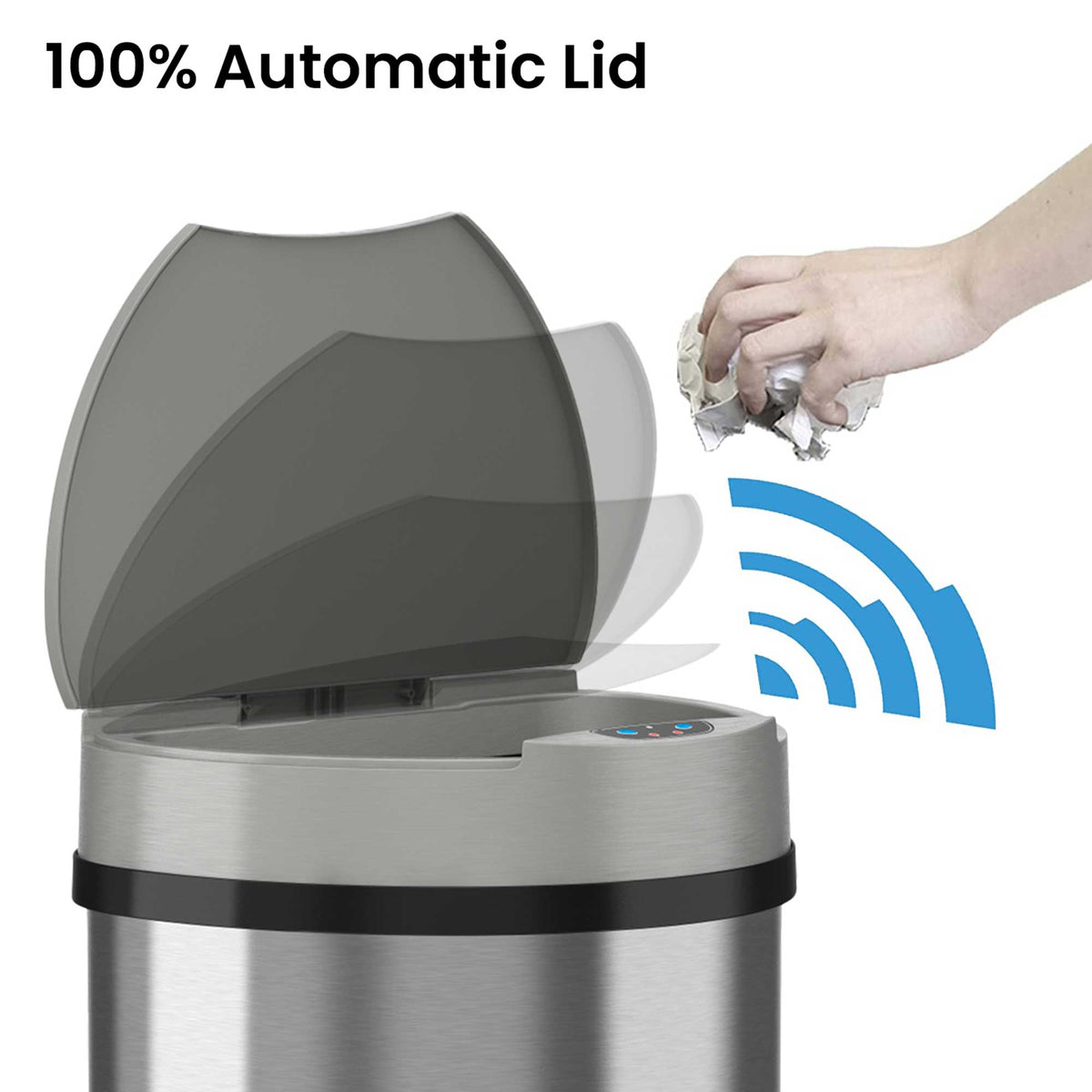 13 Gallon Semi-Round Stainless Steel Sensor Trash Can with Odor Filter 100% Automatic Lid