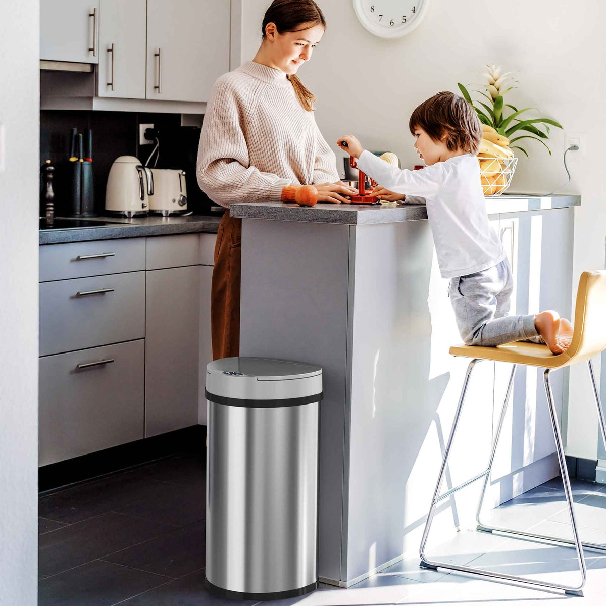 13 Gallon Semi-Round Stainless Steel Sensor Trash Can with Odor Filter in kitchen