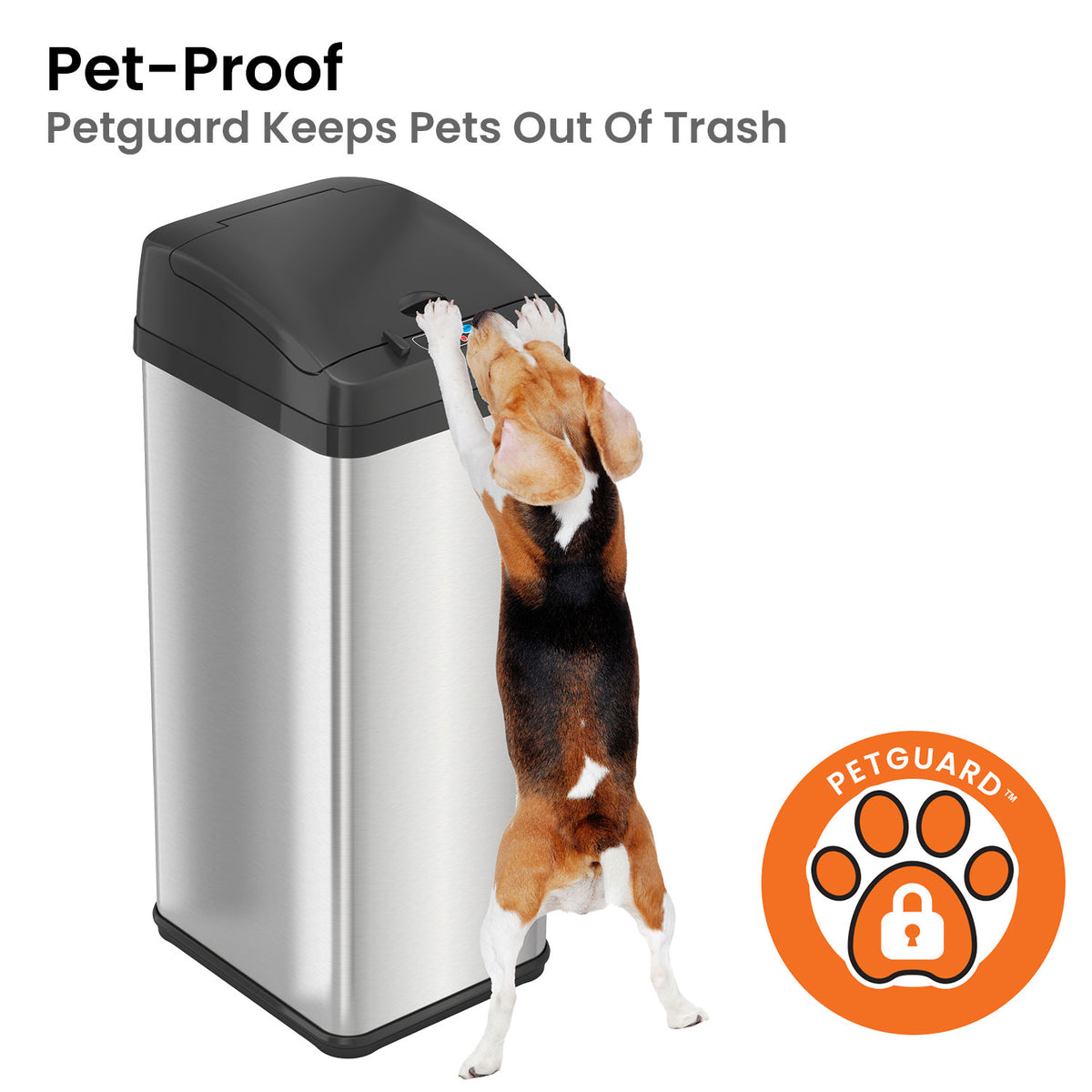 iTouchless Stainless Steel Trash Can with Pet-Proof Lid PetGuard keeps pets out of trash