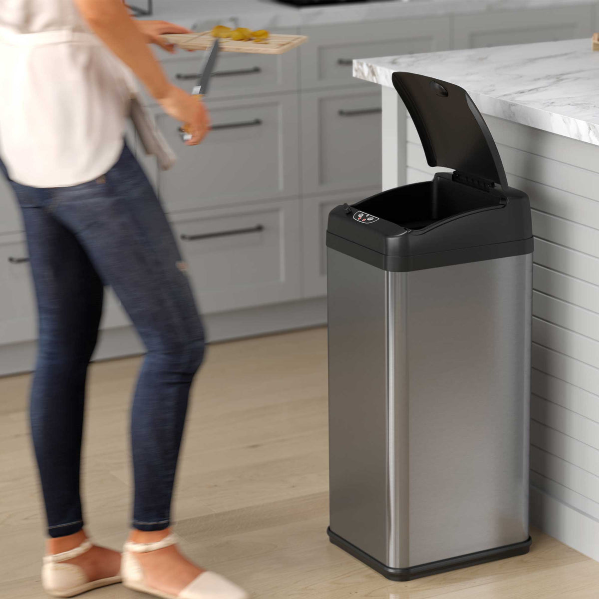 iTouchless Stainless Steel Trash Can with Pet-Proof Lid in kitchen