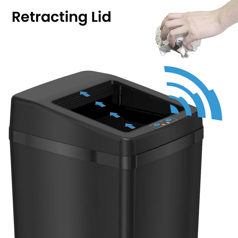 14 Gallon Black Stainless Steel Sliding Lid Sensor Trash Can with Odor Filter Retracting Lid
