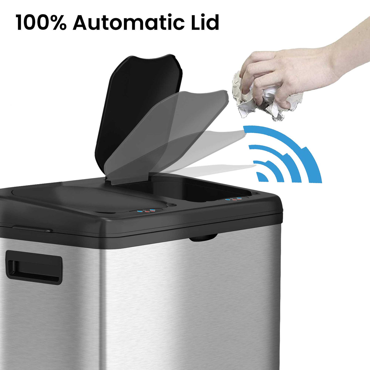 16 Gallon Dual-Compartment Stainless Steel Sensor Recycle Bin/Trash Can with Black Lid 100% Automatic Lid