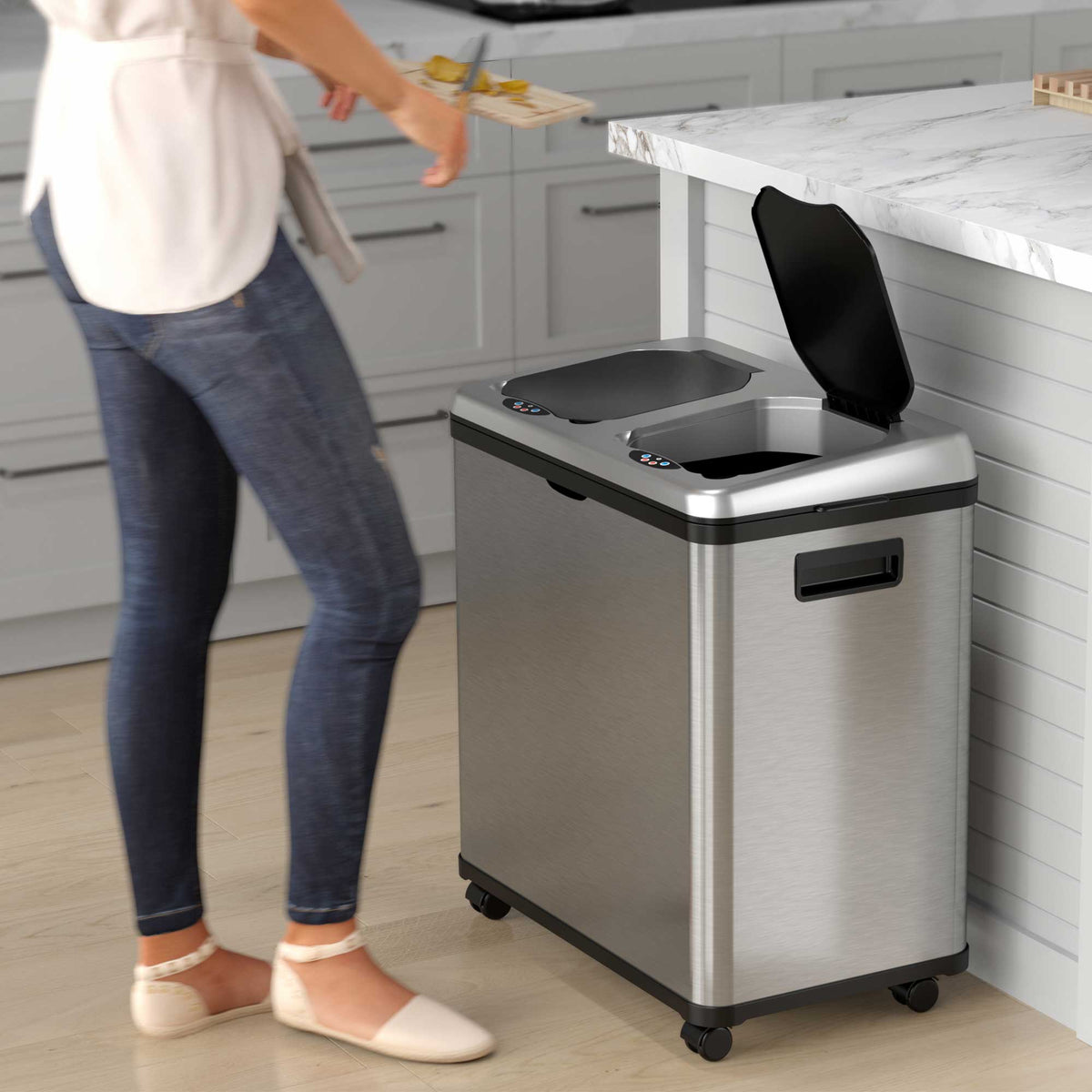 iTouchless 16 Gallon / 61 Liter Stainless Steel Sensor Recycle Bin & Trash Can in kitchen