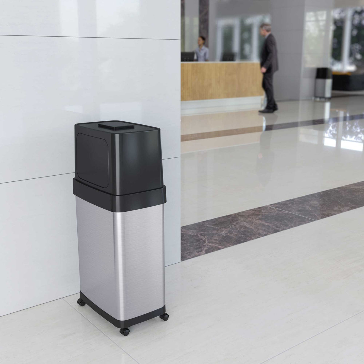 18 Gallon / 68 Liter Dual Push Door Trash Can with Wheels in office lobby