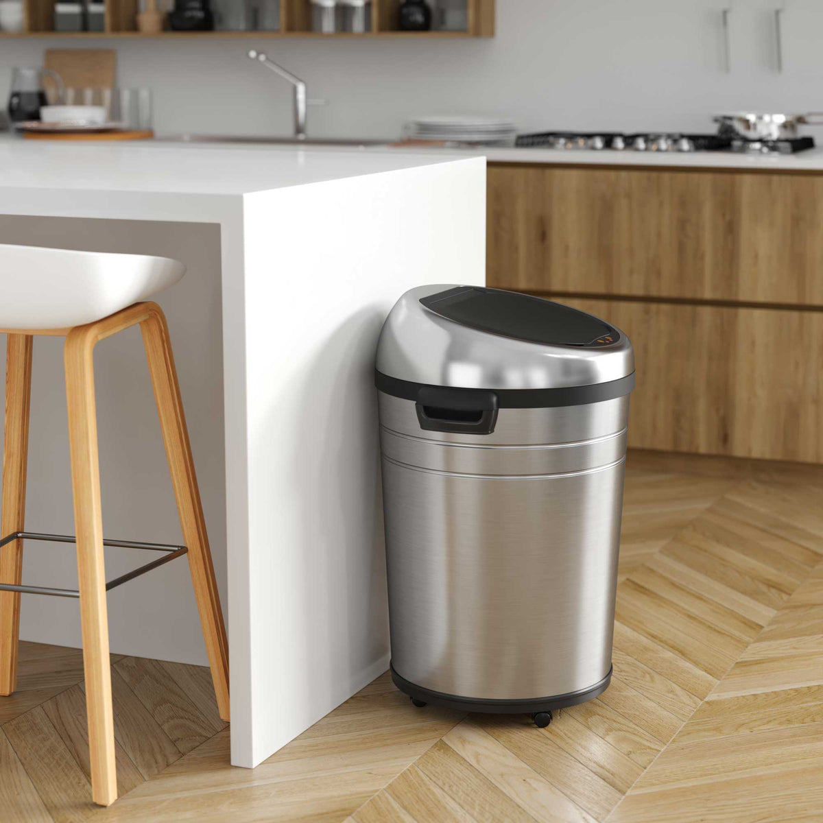 iTouchless 18 Gallon Sensor Trash Can with Wheels in kitchen