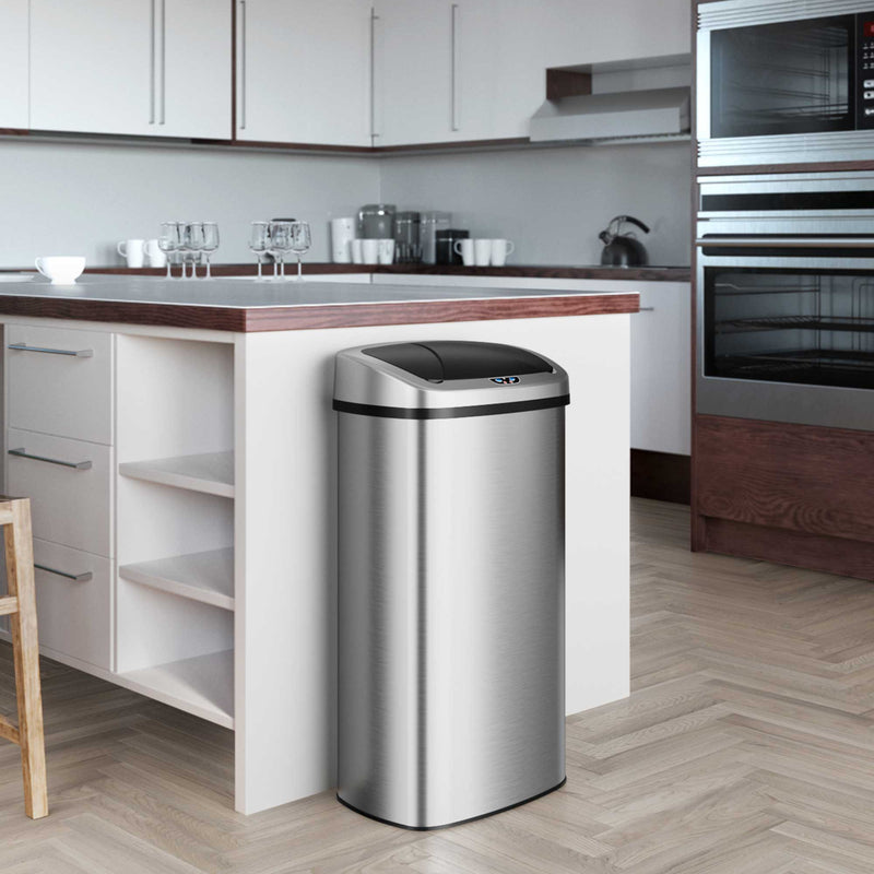 iTouchless 24 gallon Oval Sensor Kitchen Trash Can with AbsorbX Odor Filter in kitchen