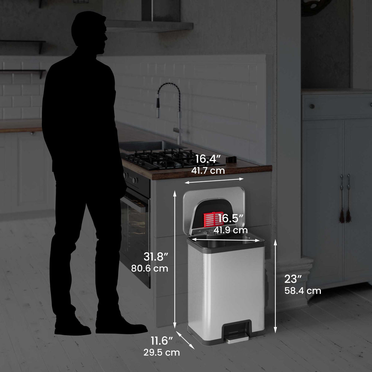 13 Gallon AutoStep Stainless Steel Pedal Sensor Trash Can dimensions