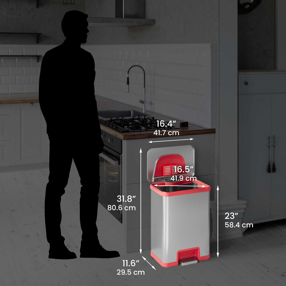 13 Gallon AutoStep Stainless Steel Pedal Sensor Trash Can (Red Trim) dimensions