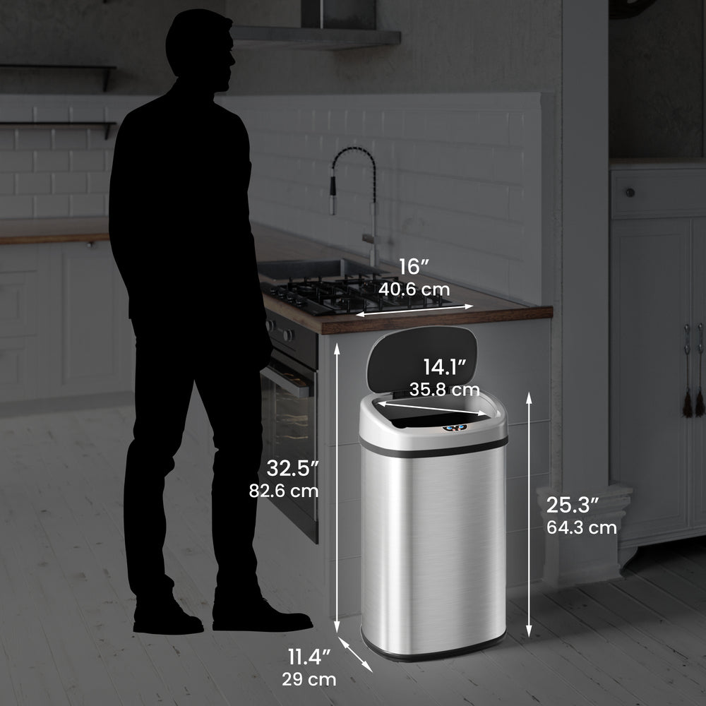 13 Gallon Oval Stainless Steel Sensor Trash Can with Odor Filter and AC ...