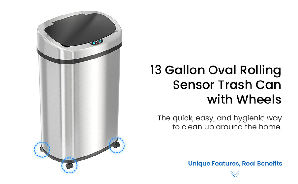 13 Gallon Oval Rolling Sensor Trash Can with Wheels – iTouchless