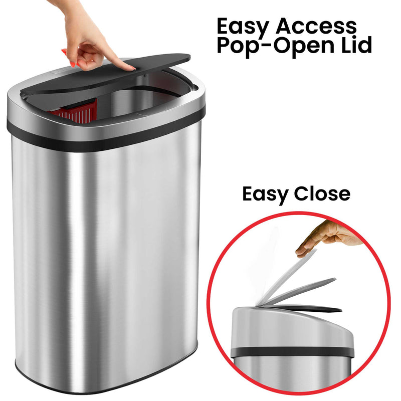 13 Gallon Stainless Steel Press Lid Kitchen Trash Can with Odor Filter easy access pop-open and easy close lid