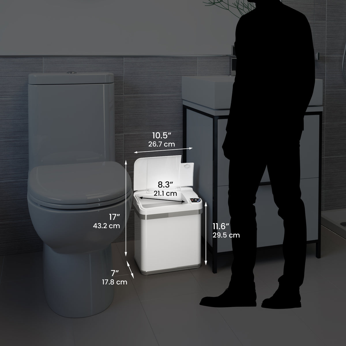 2.5 Gallon / 9.5 Liter White Sensor Bathroom Trash Can dimensions