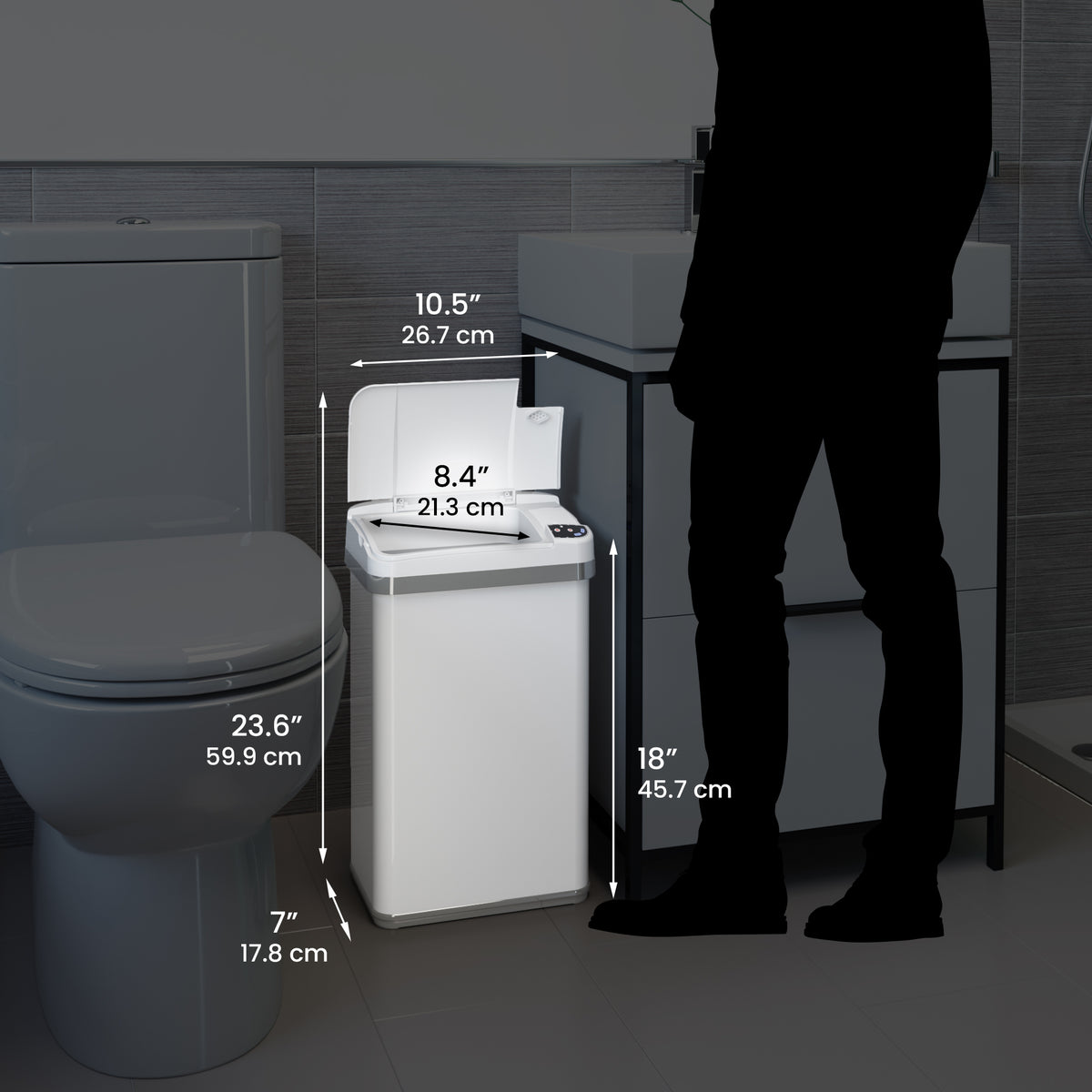 4 Gallon / 15 Liter White Sensor Bathroom Trash Can dimensions