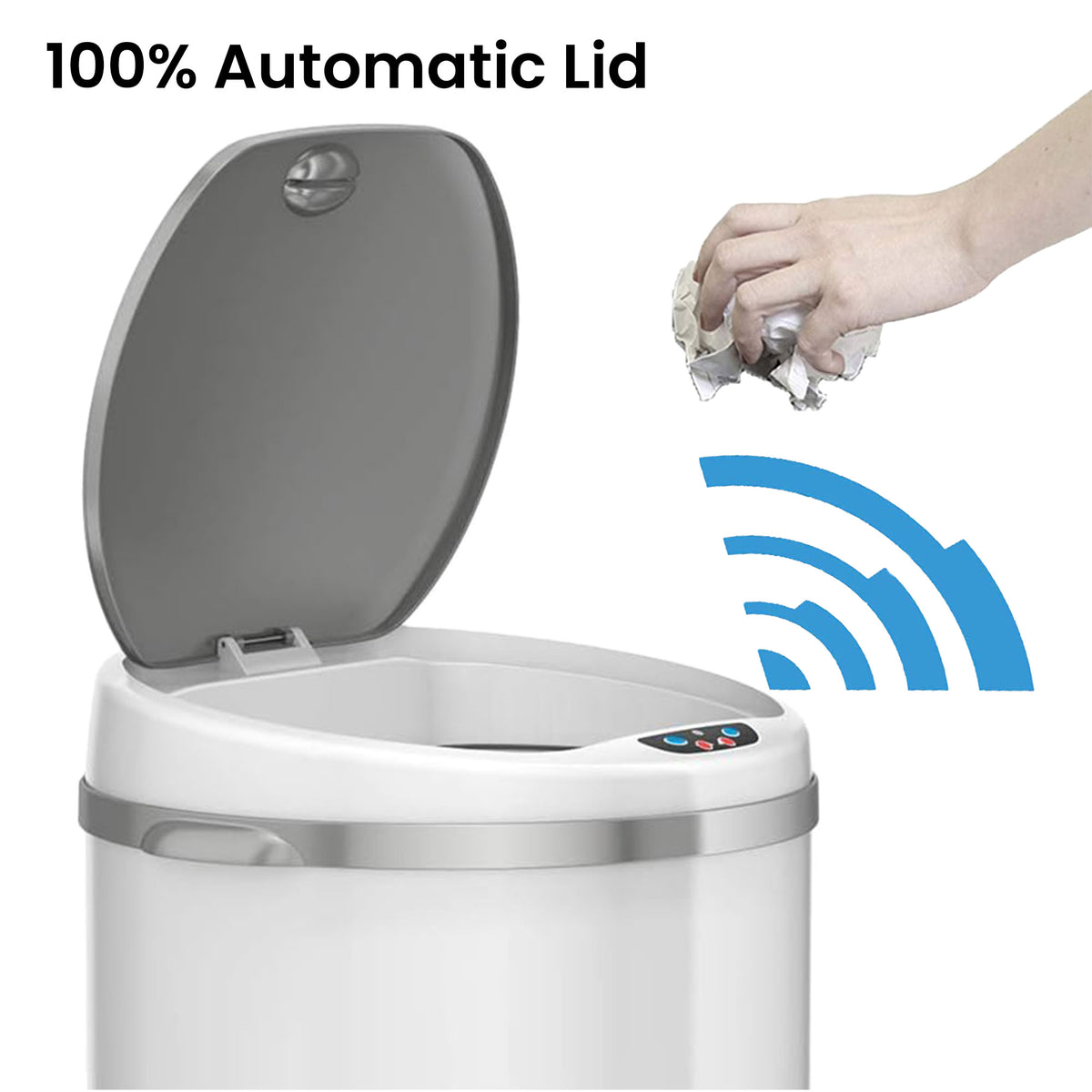iTouchless 8 Gallon White Stainless Steel Sensor Trash Can with Odor Filter 100% Automatic Lid