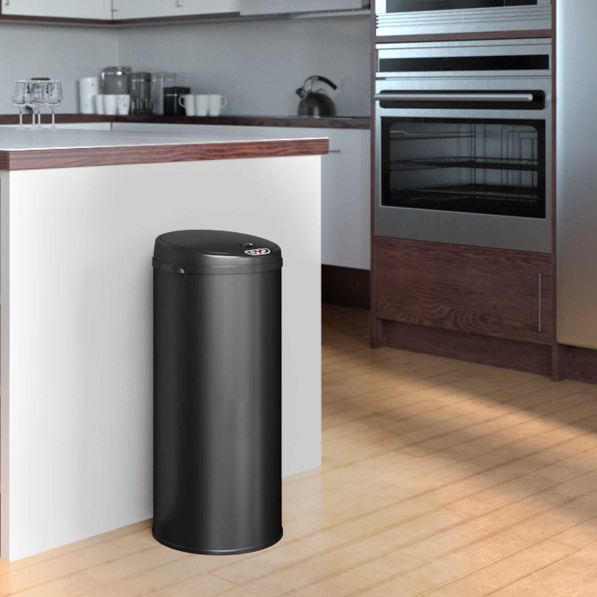 iTouchless 13 Gallon Black Stainless Steel Sensor Trash Can with Odor Filter in kitchen