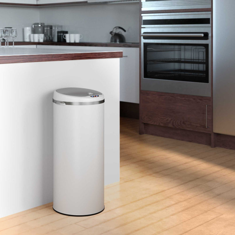 iTouchless 13 Gallon White Stainless Steel Sensor Trash Can with Odor Filter in kitchen